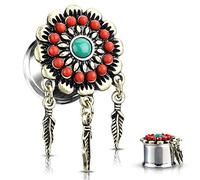 Tata Gisèle Plug Tunnel Ecarteur Oreille en Acier Chirurgical 316L Argenté et Doré - Fleur Tribal avec Centre Turquoise et Plumes Suspendues- Différentes Tailles (8)