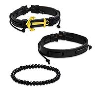 Tata Gisèle Set de 3 Bracelets en Cuir, Métal Doré, Textile et Perles pour Homme - Noir - Ancre - Noeud Coulissant Réglable et Elastique
