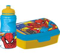 Bouteille Marvel Set 380 ml et boîte à sandwich bleues pour enfants en plastique Spiderman avec bande antidérapante et fermeture de sécurité