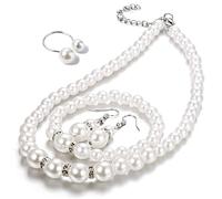 Tatibana Ensemble de 4 bijoux en perles style années 1920, colliers de perles, boucles d'oreilles, bracelet, bague de perles pour femmes et filles, ensemble de bijoux de mariage, Perle Perle Argent