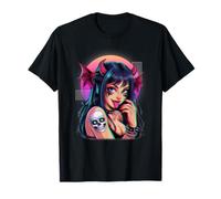 Tatouage Anime Demon Girl avec Cornes et crâne Style Glitch T-Shirt
