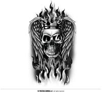 Tatouage Culture mondiale Design Tête de mort Flammes Ailes Couronne Charme mystique Rock Esthétique Carnaval Art corporel Artistique Détails Fantaisie Expressif, Couleur : Noir