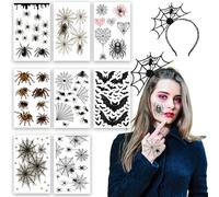 Tatouage d'Halloween, tatouage temporaire d'araignée + serre-tête en filet d'araignée, costume d'Halloween pour femme, tatouage d'araignée, costume d'Halloween pour enfant, costume de carnaval