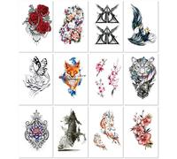 Tatouage Floral Recouvrant Tout Le Bras (Rose), Autocollant De Tatouage Imperméable Noir Et Blanc Représentant Un Renard Sur La Moitié Du Bras Pour Couvrir Une Cicatrice Foncée. 210 * 148mm A184