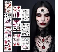 Tatouage Halloween pour Visage,10 Feuilles Cicatrice Araignée Tatouages,Halloween Femme Homme Ephemere Stickers, Adulte Enfant Zombie Vimpire Cosplay Faux Sang Halloween Accessoires