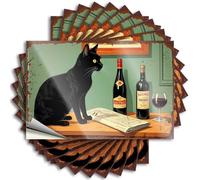 Tatouage Mimosa Bar Decor | Petit chat noir pour ordinateur portable avec bouteilles de vin et journal sur table en bois pour silicone (12 x 18 cm)