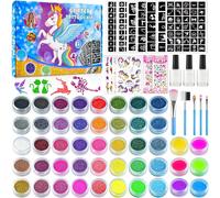 Tatouage Paillette Enfant Kit Maquillage 46 Couleurs 204 Pochoir Glitter Tattoo Fille Visage Temporaire Colle Ephemere Garcon Mixte Faux Tatoo Éphémère Fluo Temporary Ado Fluorescent Set Lumineux