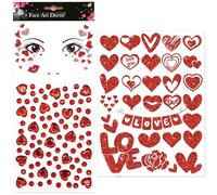 Tatouage pour le visage - Rouge - Paillettes - En forme de cœur - Pour le visage, la Saint-Valentin, le maquillage, le carnaval