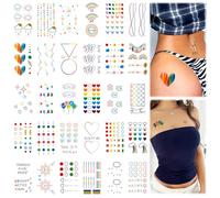 Tatouage Temporaire Arc-en-ciel, 30 Feuilles Rainbow Doodles Tatouage Ephémère Couleur Etanche Faux Tatouages Autocollants Chat Amour Cœurs Pois Mots Nuage Décoration De Fête pour Enfants et Adultes