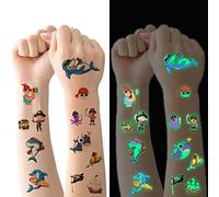 Tatouage Temporaire Enfant, 10 Feuilles Brille Dans le Noir de Pirate + Requin, Tatouages Ephémères Étanche pour Fille, Fête d'anniversaire Cadeau