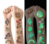 Tatouage Temporaire Enfant, 10 feuilles Tatouage Brille Dans le Noir Ephemere Enfant de Licorne, Tatouages Ephémères Étanche pour Fille Garçons, Anniversaire Fournitures pour Enfants Jeux Faveurs
