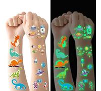 Tatouage Temporaire Enfant, 20 Feuilles Brille Dans le Noir de Dinosaure Univers, Tatouages Ephémères Étanche pour Garçon, Fête d'Anniversaire Cadeau