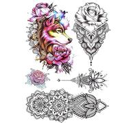 Tatouage temporaire - Faux tatouage temporaire - Motif fleurs de lotus et loup - P-53