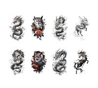 Tatouage temporaire imperméable, motif dragon, hibou, rose, fleurs, animal, art corporel, bras, faux tatouages, for femmes et hommes, 8 feuilles