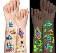 Tatouage temporaire pour enfants, espace et véhicule qui brillent dans l'obscurité, plus de 250 motifs lumineux, faux tatouage, 36 feuilles de tatouage extraterrestre longue durée pour fête