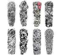 Tatouage Temporaire Pour Homme Femmes, Faux Manchette Tatouage Tattoo Noir Autocollants Body Tattoo Étanche Bras Tatouages Éphémères, Dragon, Crâne, Rose(8 Feuilles)