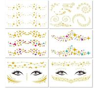 Tatouage Temporaire Visage, 6 Feuilles Visage Éphemere Tatouages, Tatouage Visage Pailleté, Autocollants de Tatouages Métallique, Tatouage Visage Femme, Autocollant Visage Métalliques (Or C)