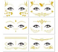 Tatouage Temporaire Visage, 6 Feuilles Visage Éphemere Tatouages, Tatouage Visage Pailleté, Autocollants de Tatouages Métallique, Tatouage Visage Femme, Autocollant Visage Métalliques (Or B)