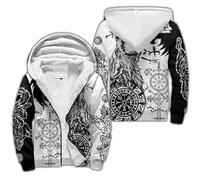 Tatouage Viking Homme Sweat à Capuche Hiver Chaud Hoodie Loup Fenrir Nordique épaisse Pull à Capuche Doublée Polaire Manche Impression 3D Longue Veste à Capuche Avec Fermeture éclair Intégrale(Black W