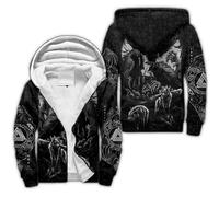 Tatouage Viking Homme Sweat à Capuche Hiver Chaud Hoodie Loup Fenrir Nordique épaisse Pull à Capuche Doublée Polaire Manche Impression 3D Longue Veste à Capuche Avec Fermeture éclair Intégrale(Doom,L)