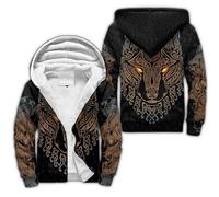 Tatouage Viking Homme Sweat à Capuche Hiver Chaud Hoodie Loup Fenrir Nordique épaisse Pull à Capuche Doublée Polaire Manche Impression 3D Longue Veste à Capuche Avec Fermeture éclair Intégrale(Fenrir,