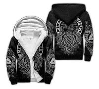 Tatouage Viking Homme Sweat à Capuche Hiver Chaud Hoodie Loup Fenrir Nordique épaisse Pull à Capuche Doublée Polaire Manche Impression 3D Longue Veste à Capuche Avec Fermeture éclair Intégrale(God Odi