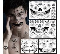 Tatouage visage Halloween, tatouage visage Halloween autocollant squelette zombie clown diable, bouche sorcières tatouage temporaire visage pour maquillage jour des morts costume de maquillage femme