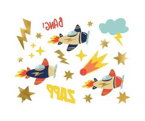 TATOUAGES ÉPHÉMÈRES AVION ÉCLAIR ÉTOILE 11 MOTIFS Multicolore