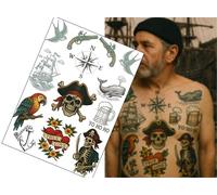 Tatouages éphémères de pirates et marins - 1 feuille A4 - Transferts de tatouages nautiques vintage - Encre de pirate réaliste pour le cinéma, le théâtre et le cosplay -