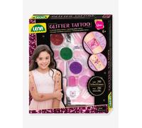 Lena 42440 - Fashion Glitter Tattoo, set de mode pour styliser et décorer avec 4 couleurs scintillantes, pinceau, latex et dix pochoirs, décoration corporelle lavable pour filles à partir de 6 ans