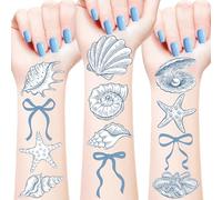 Tatouages temporaires avec nœud bleu, étoile de mer et coquillages, nœud bleu et coquillages sous la mer, océan, côtière, plage, décorations de fête pour l'été, anniversaire, mariage, enterrement de