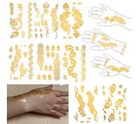 Tatouages Temporaires Métalliques Or, Tatouage temporaire pour femme, Body Art, 8 Grandes Feuilles (gold glitter-1)