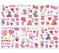 Tatouages Temporaires Pailletés Pour La Saint-Valentin : Cœur, Ours Et Nœud Papillon Écologiques Pour Fille. 10.5x12cm