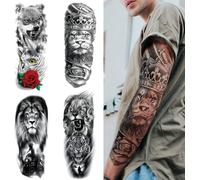 Tatouages Temporaires Pour Homme Femme Filles, Grand Manchette Tatouages Tattoo Étanche Bras Complet Autocollant Body Tattoo Sticker Tatouages Éphémères, Tigre, Lion, Loup, 4 Feuilles