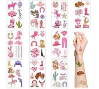Tatouages Temporaires Western Cowgirl 10 Feuilles West Rose Disco Cowgirl Cactus Cheval Vache Imperméable Faux Tatouage Autocollants pour Enfants Filles Cadeaux d'anniversaire Fournitures de Fête