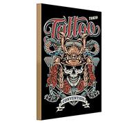 Tattoo Convention - Plaque en bois - Design de crâne de samouraï - Style Tokyo - 30 cm x 40 cm