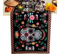 Tatuo Chemin de Table de Jour des Morts Décoration de Table de Crâne Sucre de Dia de Los Muertos en Lin pour Fête Maison Cheminée Halloween, 180 x 35 cm(Crâne)