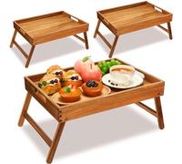Tatuo Lot de 3 plateaux de table de lit en acacia pour ordinateur portable, plateau de petit déjeuner avec pieds et poignées pliables, plateau TV pour manger sur le canapé, table basse pour s'asseoir