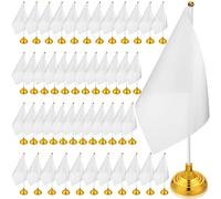 Tatuo Lot de 48 mini drapeaux de bureau blancs sur bâton avec supports de 14 x 21 cm pour bureau, loisirs créatifs, petit drapeau de bureau vierge avec mât pour salle de classe du 4 juillet