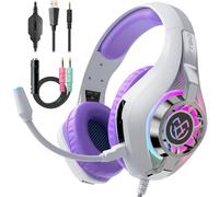 Tatybo Casque Gaming pour Ps5, Casque Gamer 3D Son Surround avec Microphone Antibruit, Ultraléger 250g, Haut-Parleur 50 mm, Casque avec Prise Jack 3,5 MM pour Ps4 Pc Xbox Switch (Violet et Blanc)