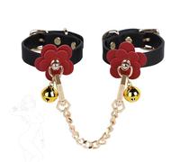 TAUOE Bracelet aux Fleurs Rouges et Clochettes, en PU Noir, avec Chaîne d'Or, 45,5 Centimètres x 1,5 Centimètre, 82 Grammes