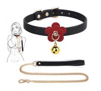 TAUOE Collier aux Fleurs Rouges et Clochettes, en Matériau PU, 45,5 Centimètres, avec Fente de 87,5 Centimètres, Noire et Dorée