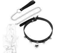TAUOE Collier Gothique en Cuir Noir avec Chaîne, 5 Clochettes Décoratives, 48 cm de Longueur, 1,5 cm de Largeur