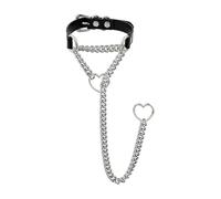 TAUOE Collier ras du cou en cuir noir fait main pour femme, style punk gothique, avec anneau en forme de cœur et fermoir réglable. (Longue chaîne en argent, Noir)