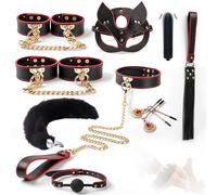 TAUOE Ensemble de Liens Yoga, Ensemble en Cuir 9 Pièces Noir avec Bordure Rouge, Comprenant Masque, Collier et Accessoires, Accessoires de Mode Féminins