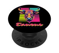 Taurus Bull Neon Retro 80s Vaporwave Zodiac Graphic, Taureau PopSockets PopGrip Adhésif
