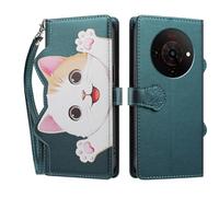 TAUYN Flip Coque pour ZTE Blade A76 5G, PU Cuir Anti-Chocs TPU Protéger Housse, avec Emplacement pour Carte & Support Fonction Portefeuille Étui, Chat Mignon Modèle - Vert Foncé