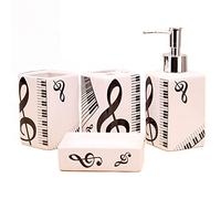 Tauzveok Ensemble d'accessoires de Salle de Bain Notes de Musique élégantes, Contient Une Tasse de Brosse à Dents, Un Distributeur de Savon, Un Porte-Savon, Un gobelet de Salle de Bain,Blanc,4pcs