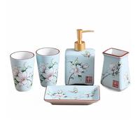 Tauzveok Ensemble élégant d'accessoires de Salle de Bain en céramique de 5 pièces Comprenant 1 Porte-Brosse à Dents, 2 gobelets de brossage de Dents, 1 Porte-Savon, 1 Distributeur de Lotion,Bleu,5pcs