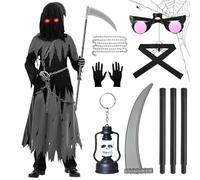 TAVADA deguisement faucheuse pour esprit effrayant de la mort,Grim reaper costume pour enfants et adultes Set,avec lunettes lumineuses,faux de la mort,gants,ceinture,chaîne pour cosplay,carnaval